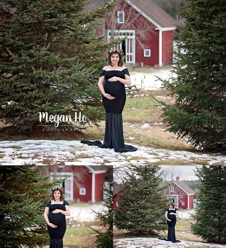 maternity portraits in the snow admist pine trees and red barn