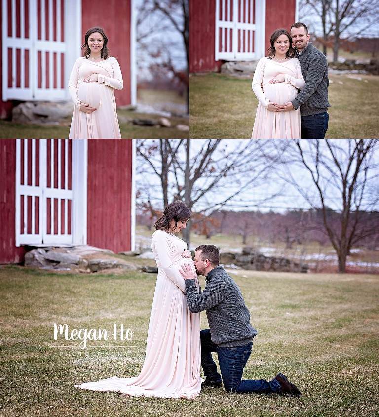 mama to be in cream dress in front of red barn in winter